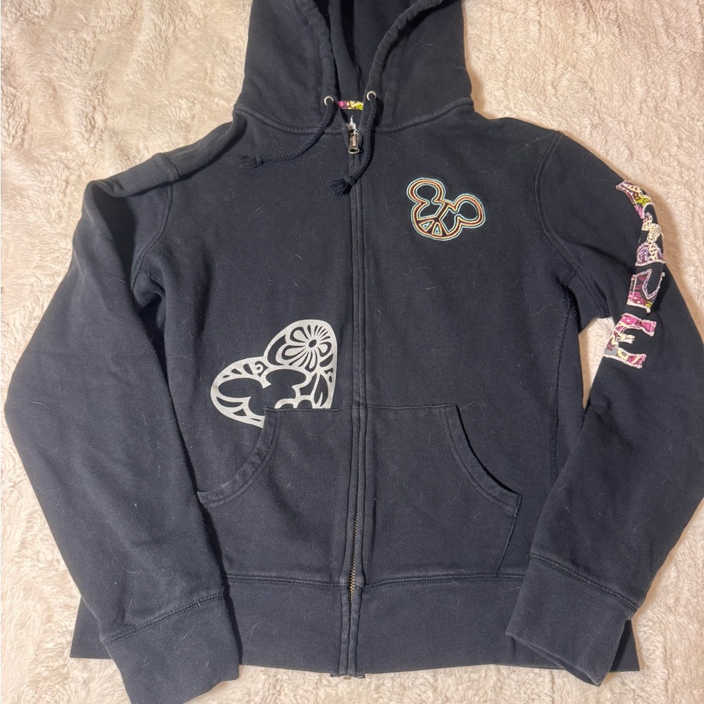 Disney Black Hooded Zip-Up Jacket with White Heart & Multicolor Mouse Accents